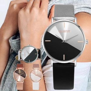 Detail view of GAIETY quartz watches with leather straps in silver and rose gold options