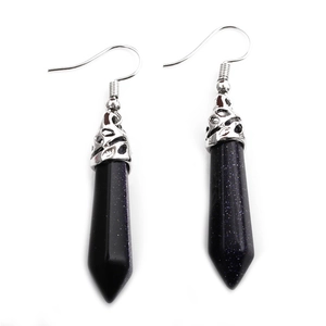 Deep blue sparkling hexagonal gemstone drop earrings with silver hook fasteners