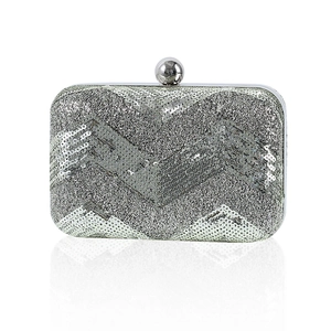 Elegant silver sequin evening clutch bag with wave patterns and metal spherical clasp