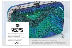 Detailed macro view of gradient sequins on mini party clutch with silver chain