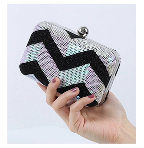 Detail of silver spherical clasp and colorful geometric sequin pattern on evening clutch