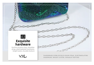 Close-up of elegant sequins pattern and premium silver chain on the mini crossbody bag