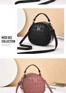 Detail of round quilted leather crossbody bags in black and dusty pink with gold hardware
