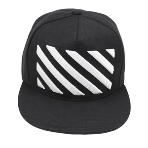 Black street style snapback hat with 3D white diagonal stripes embroidery and flat brim
