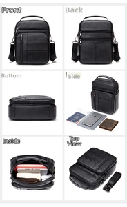 Detail view of black pebble leather crossbody bag showing multiple zip pockets and compartments