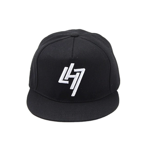 Classic black flat brim baseball cap with white 3D embroidered 47 logo in cotton twill