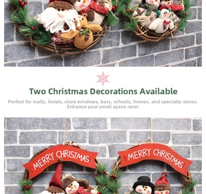 Detail of Christmas wreath with Santa, snowman and reindeer plush figures on rattan ring