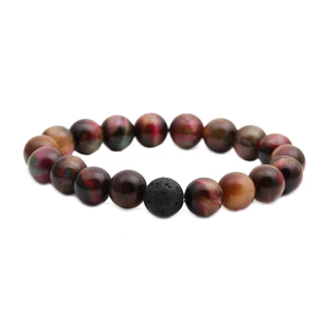 Tiger eye and black lava stone beaded bracelet for men with elastic cord on white background