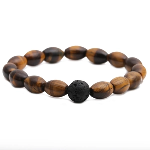 Tiger eye and black volcanic lava stone beaded bracelet for men on white background