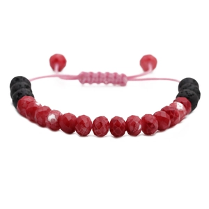 Adjustable faceted red stone and black lava bead bracelet with pink woven cord