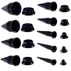 Black acrylic ear stretching kit with 9 pairs of tapers and double flare plugs