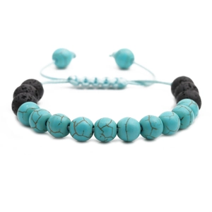 Adjustable kids beaded bracelet with blue turquoise and black volcanic lava stones