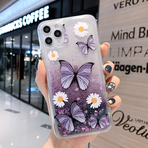 Sparkly liquid glitter iPhone case with purple butterflies and white daisy floral patterns