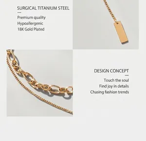 Detailed macro view of 18K gold plated surgical steel double layer chain and square pendant