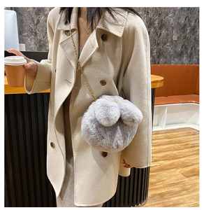 Light grey plush bag with cute rabbit ears and a delicate gold metal chain strap