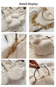 Detail view of plush rabbit ear bag with gold kiss-lock closure and metal chain strap