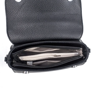 Close-up of the internal compartments and grey herringbone lining of the black leather bag