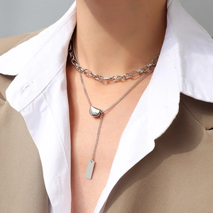 Double-layered silver titanium steel necklace featuring chunky chains and rectangle pendants