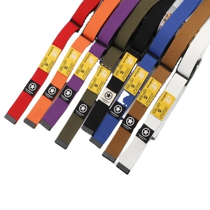 Colorful nylon canvas belts with plastic buckles in multiple shades like red, green, and blue