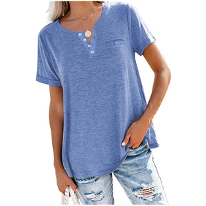 Detail of blue v-neck henley t-shirt with front pocket and heathered fabric texture