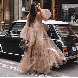 Robe Longue Sexy Femme Col en V Profond Manches Bouffantes Maille Tulle Étagée Champagne Élégante Robe de Soirée Formelle