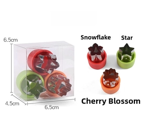 Three-piece stainless steel fruit cutters with snowflake, star, and flower shapes and hand guards