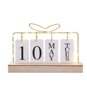 Nordic wooden flip calendar with gold iron frame and LED lights for desktop decoration