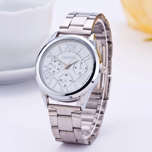 Silver Geneva steel watch for women featuring a Roman numeral dial and metal link strap