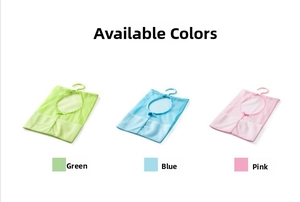 Hanging mesh storage bags shown in green, blue, and pink colors with durable hooks