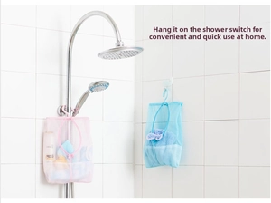 Mesh hanging storage bags in pink and blue shown in a bathroom shower setting