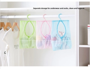 Three-pack of hanging mesh storage bags in green, pink, and blue for closet organization