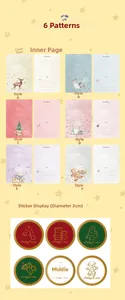 Set of 6 cute Christmas cards with festive illustrations, envelopes and round seal stickers
