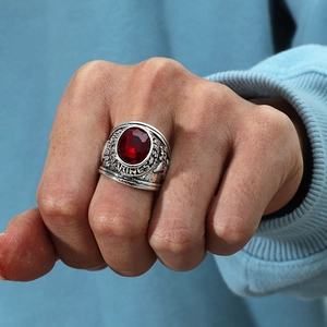 Men Vintage Military Signet Ring Alloy Distressed Silver With Large Red Black Artificial Gemstone Punk Jewelry