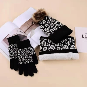 Adult winter 3-piece set with leopard knit hat, thick scarf, and warm gloves