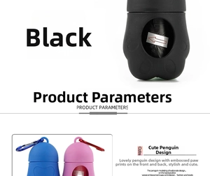Detail of penguin-shaped pet waste bag dispensers with metal carabiners in multiple colors