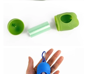 Detailed view of portable pet waste bag dispenser components with metal carabiner