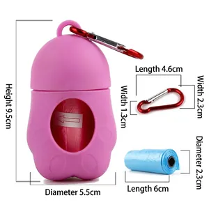 Pink paw-shaped portable pet waste bag dispenser with metal clip and blue refill bag