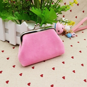 Pink plush coin purse with retro metal clasp and colorful decorative bells charms