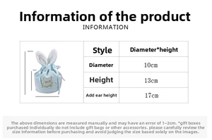 Size specifications of the velvet wedding favor bag with bunny ears and golden text