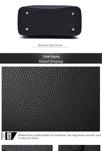 Detailed view of the black pebble grain PU leather handbag with four gold metal base studs