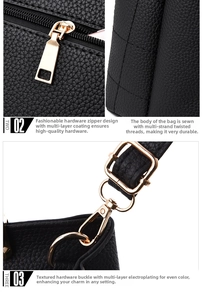 Macro view of black lychee grain leather texture with gold zipper and reinforced stitching