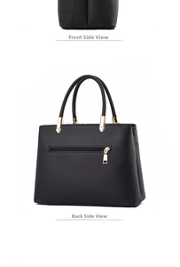 Detailed views of black pebbled leather tote bag with gold hardware and front zipper pocket