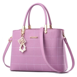 Purple embroidered leather tote bag with pearl pendant and adjustable shoulder strap