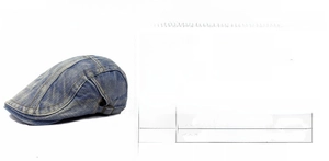 Size detail for denim beret hat showing adjustable 55-62cm head circumference range