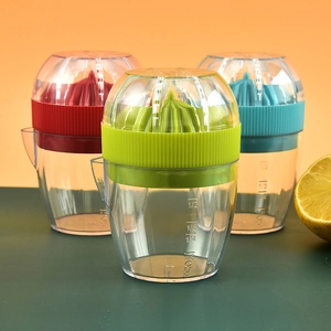 Manual manual citrus juicer cups with measurement scales in red, blue, and green plastic