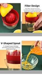 Detail of manual citrus juicer with V-shaped spout, filter and measurement scales