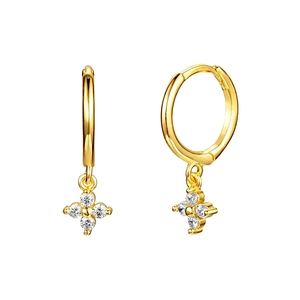 Detailed view of gold hoop earrings featuring sparkling white zircon flower pendants