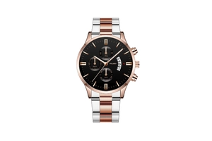 Detail of chronograph men's watch with three sub-dials and date window on black dial