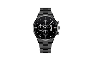 Detailed close-up of a black stainless steel chronograph watch with three sub-dials and date