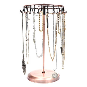 Rotating bronze metal jewelry rack featuring 10 hooks and a marble textured base